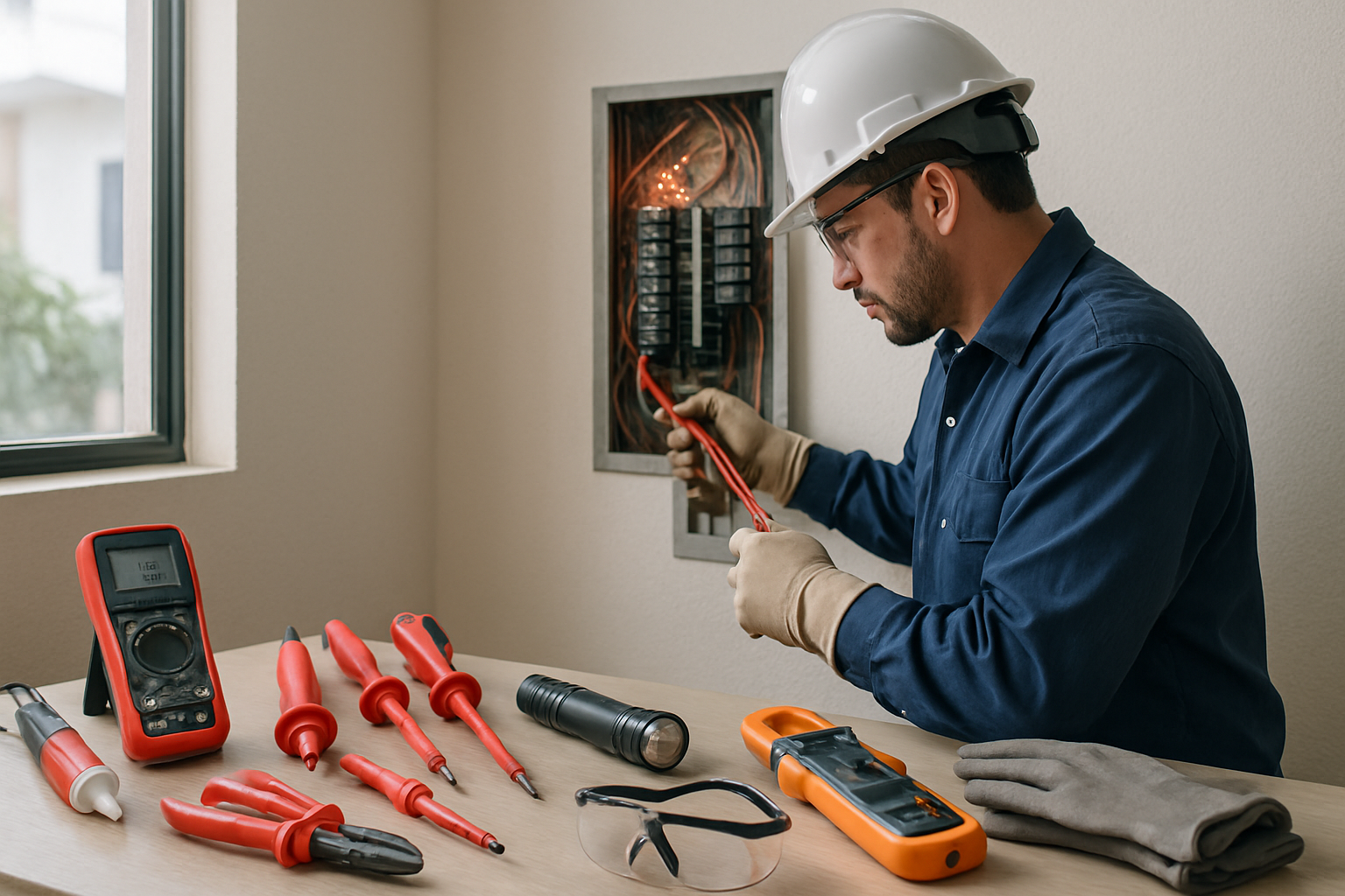 Electricista realizando una revisión de emergencia con herramientas de diagnóstico y seguridad eléctrica