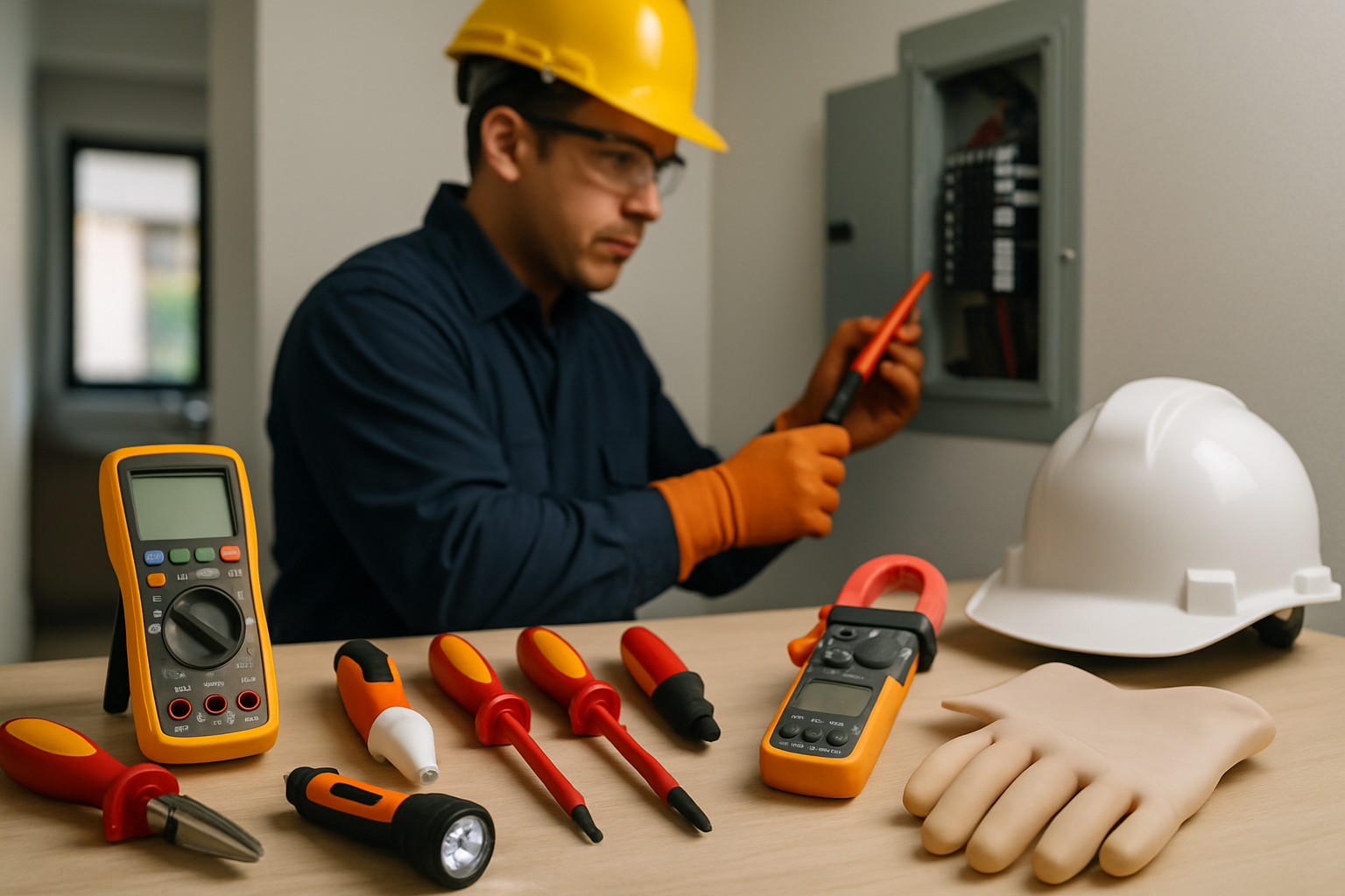 Electricista con herramientas esenciales para atender una emergencia eléctrica residencial